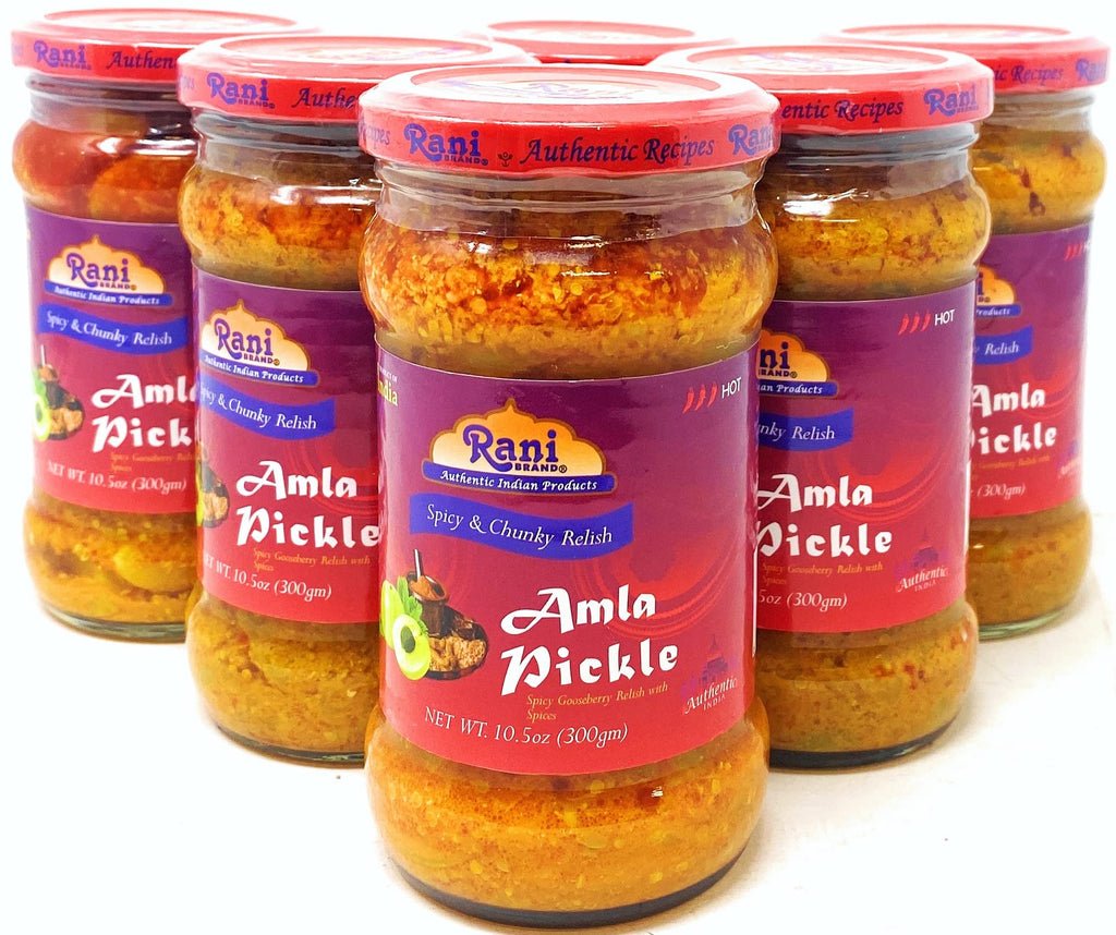 Rani Amla Pickle (Spicy Gooseberry Relish with Spices) 10.5oz (300g) Glass Jar, Pack of 5+1 FREE ~ Vegan | Gluten Free | NON-GMO | No Colors