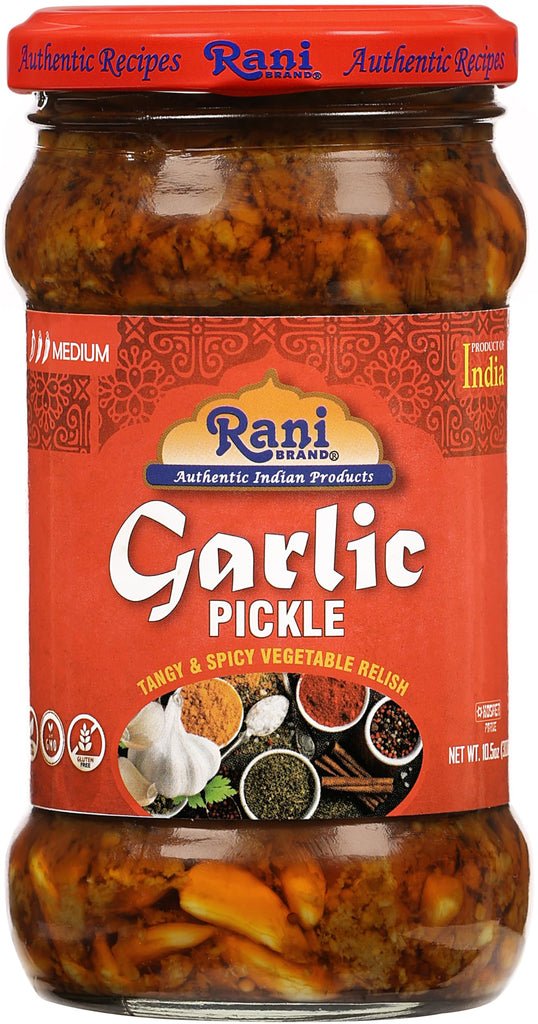 Rani Garlic Pickle Mild (Achar, Spicy Indian Relish) 10.5oz (300g) ~ Glass Jar, All Natural | Vegan | Gluten Free | NON-GMO | Kosher | No Color | Indian Origin